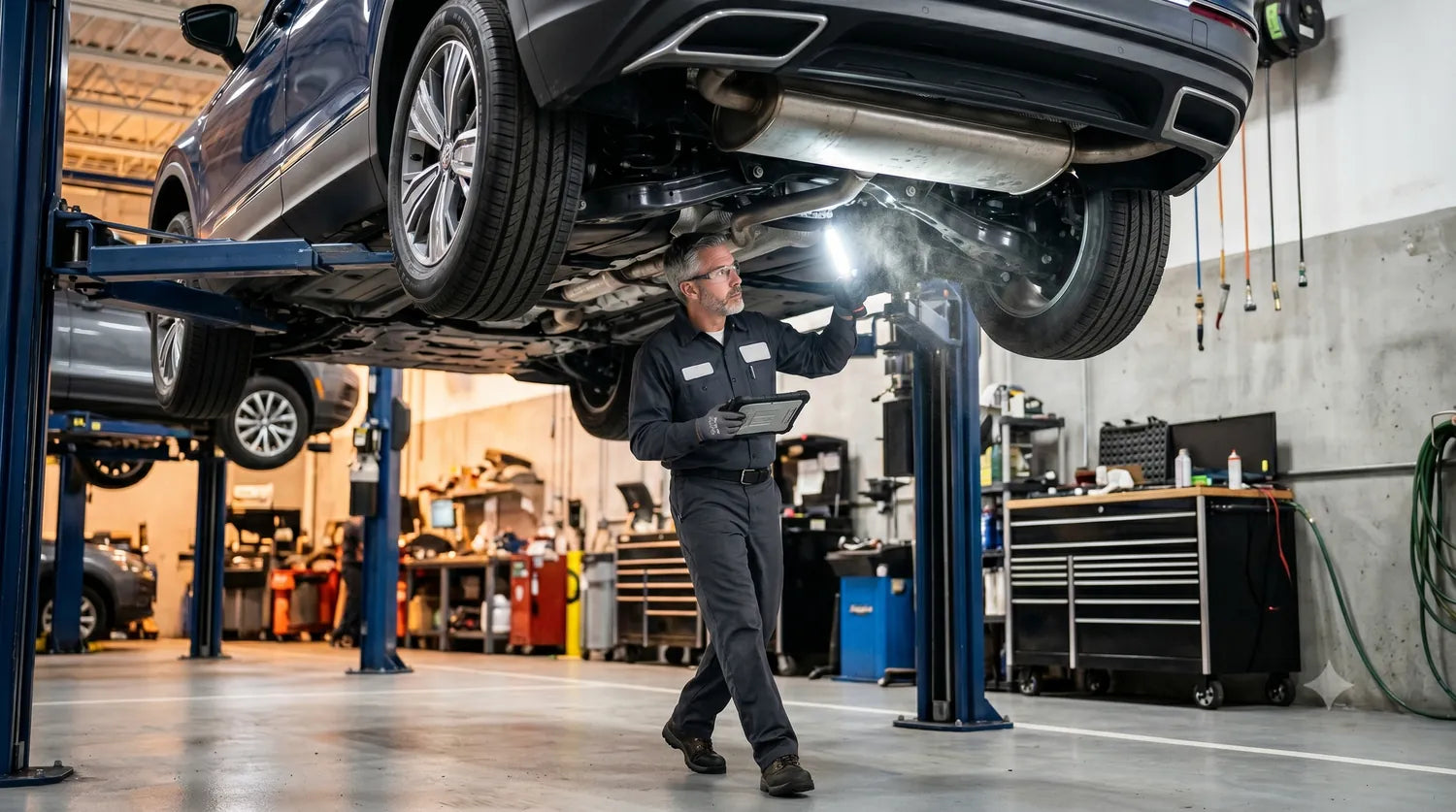 European vehicle on a lift for brake service in Ocala, FL