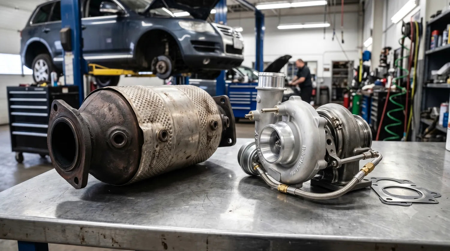 Diesel DPF and turbocharger components on a workbench