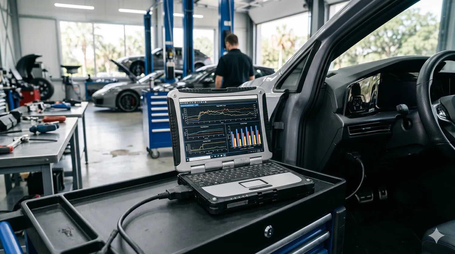 Dealer-level diagnostic scan on a laptop at The Dub Shop