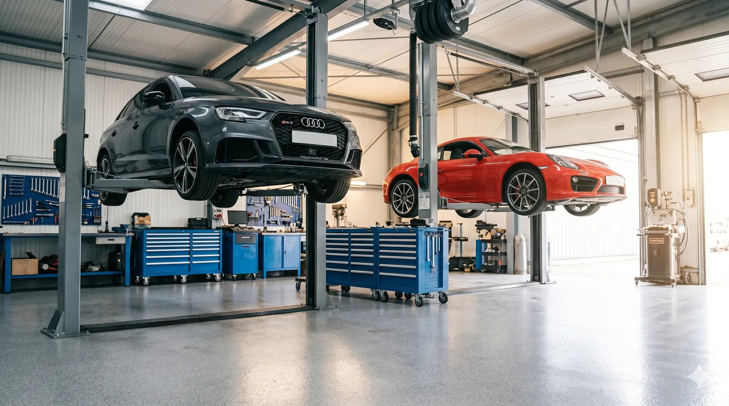 Audi and Porsche on lifts at The Dub Shop in Ocala, FL