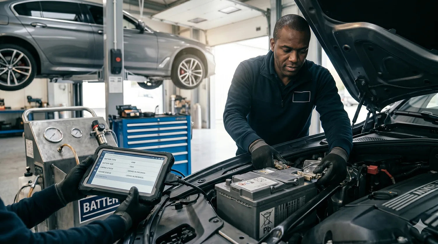 Technician running dealer-level diagnostics on a European car